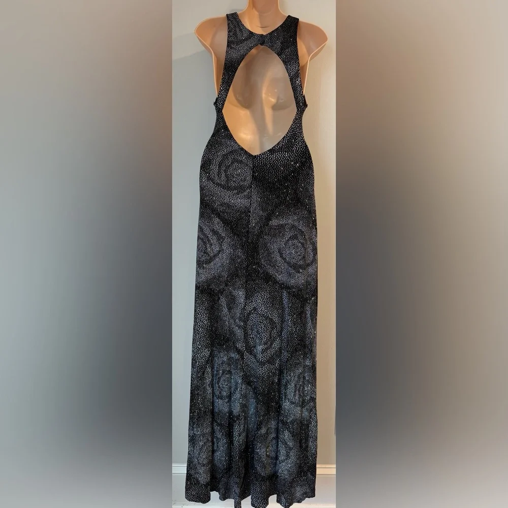 CACHE Vintage Black Floral Sparkle Acetate/Spandex Open Back Slinky Glitter M - Picture 6 of 9